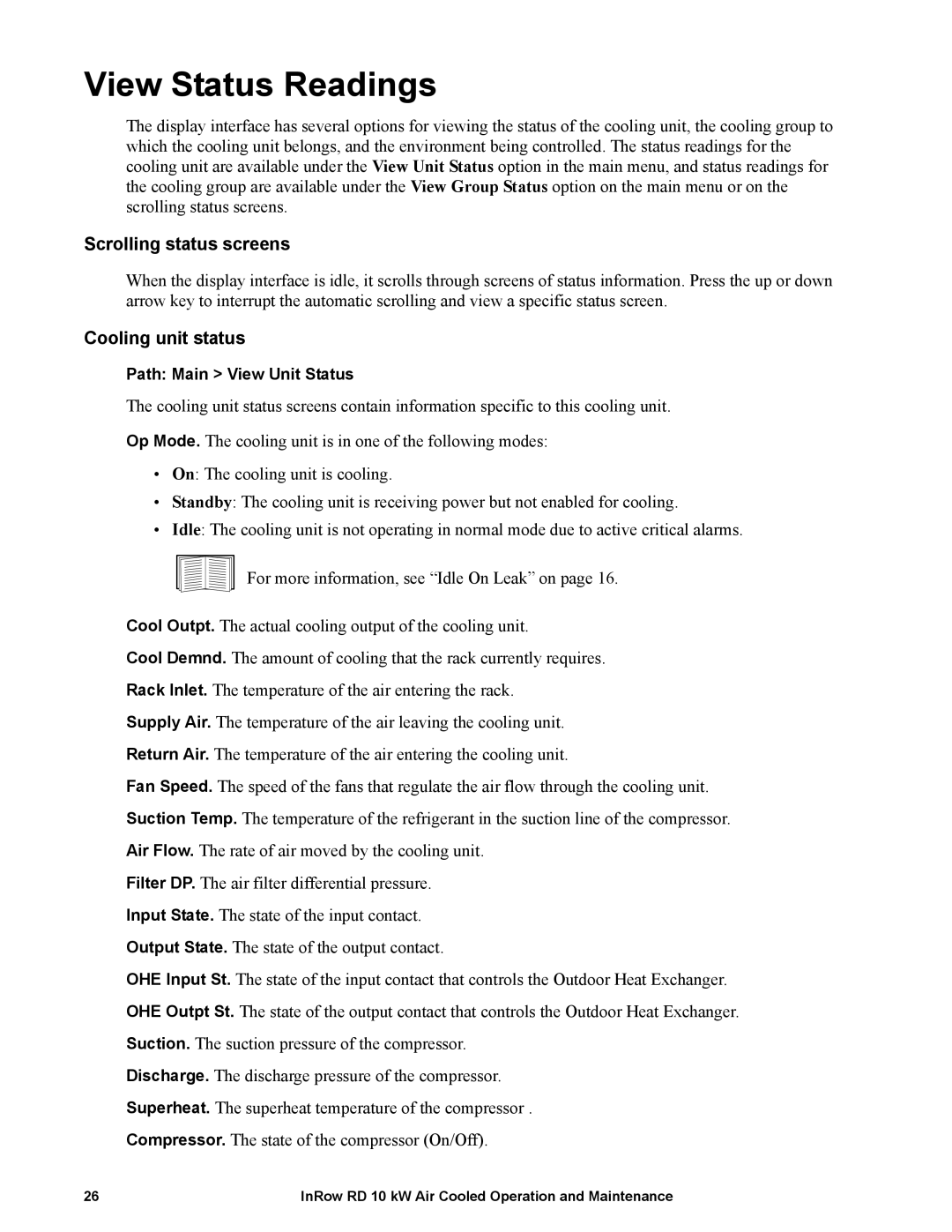 APC ACRD100, ACRD101 manual View Status Readings, Cooling unit status 