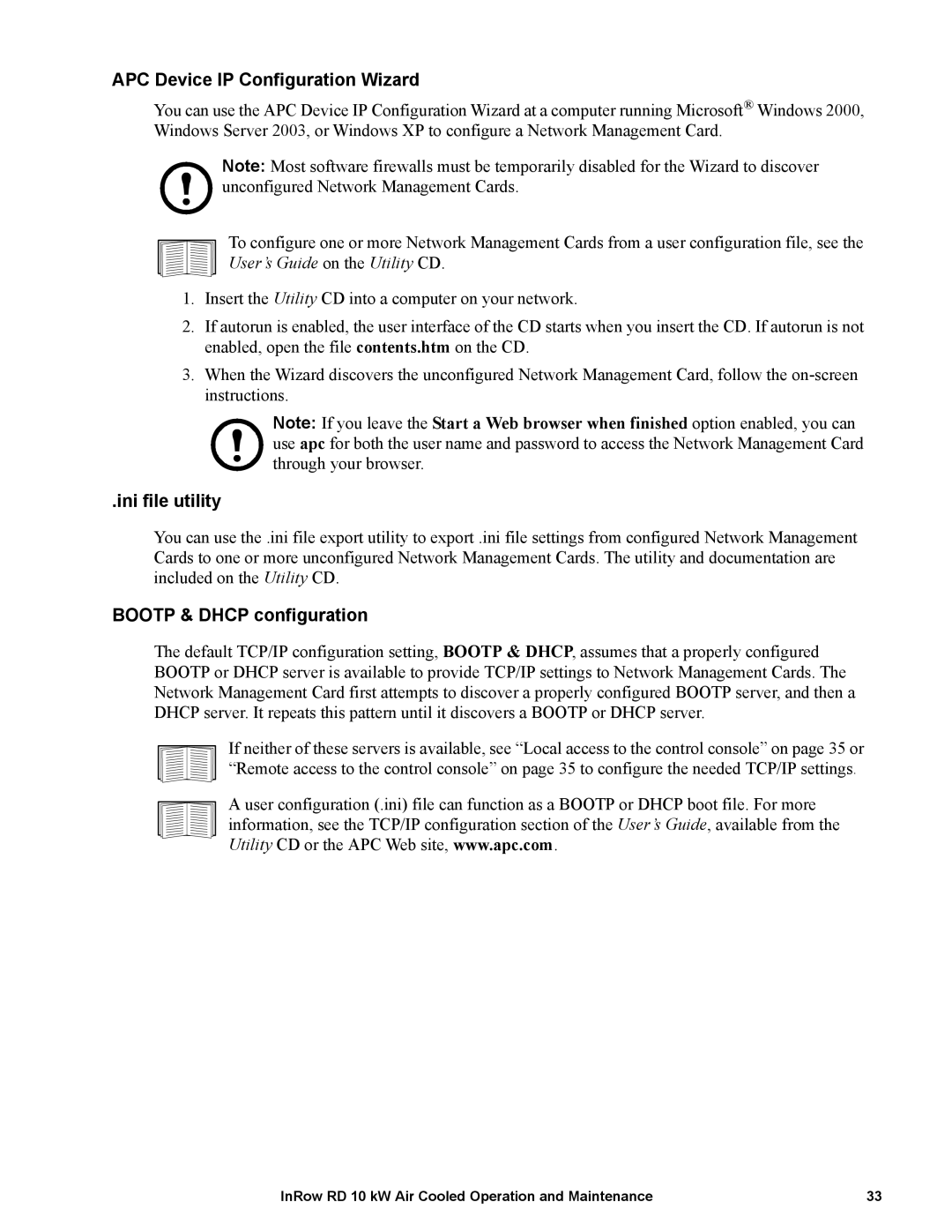 APC ACRD101, ACRD100 manual APC Device IP Configuration Wizard, Ini file utility, Bootp & Dhcp configuration 