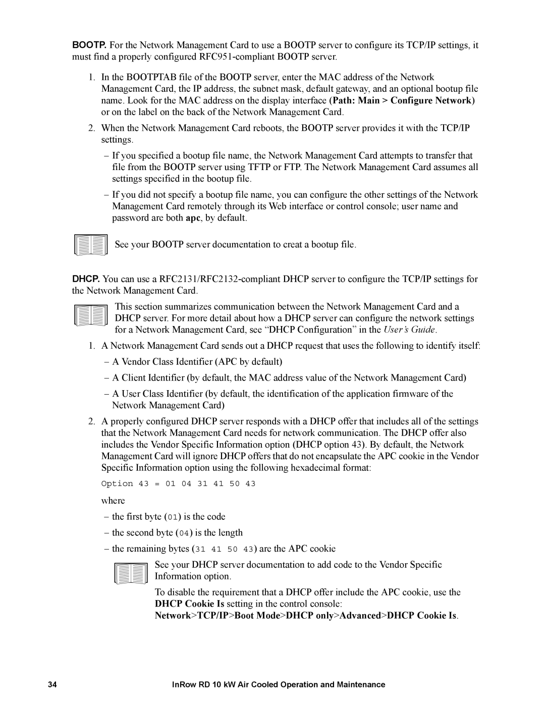 APC ACRD100, ACRD101 manual NetworkTCP/IPBoot ModeDHCP onlyAdvancedDHCP Cookie Is 