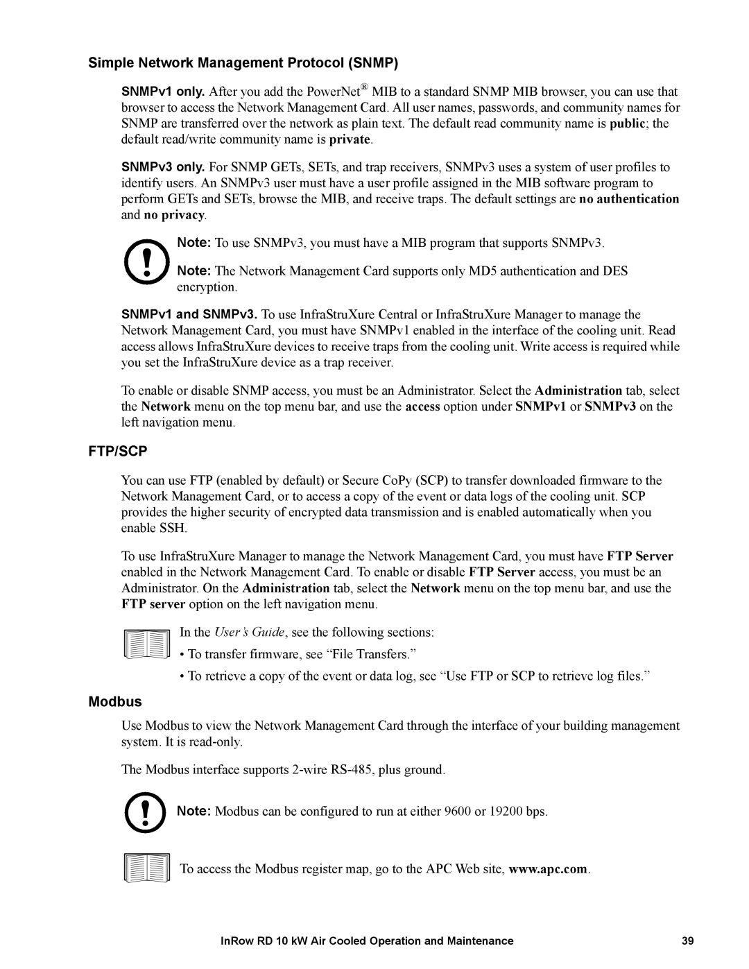 APC ACRD101, ACRD100 manual Simple Network Management Protocol Snmp, Modbus 