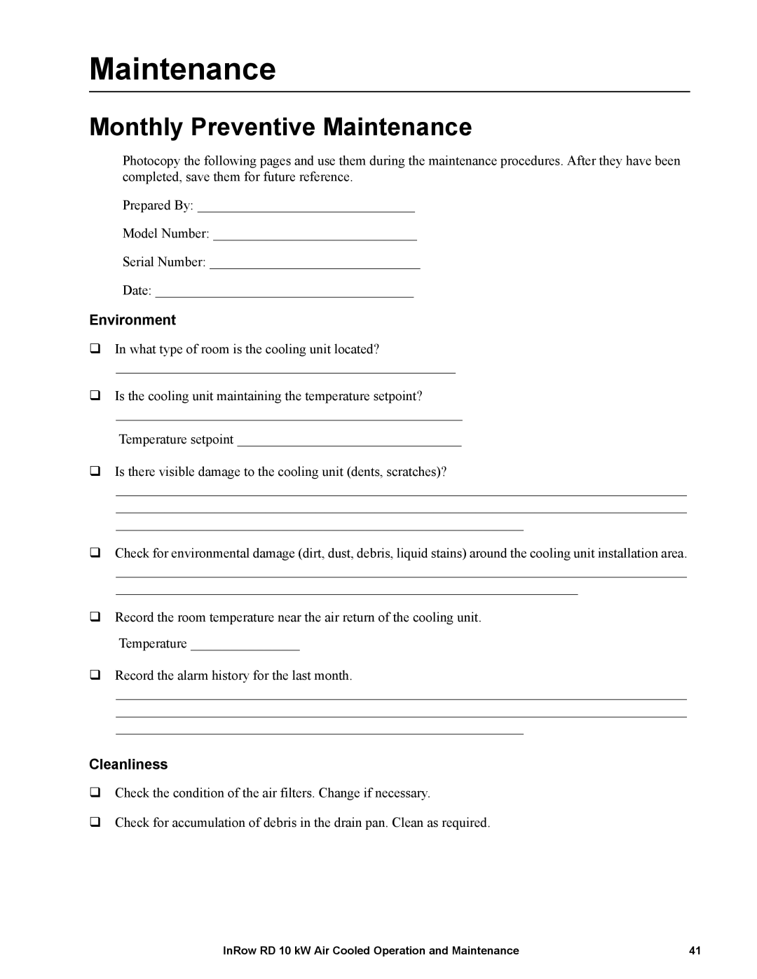 APC ACRD101, ACRD100 manual Monthly Preventive Maintenance, Environment, Cleanliness 