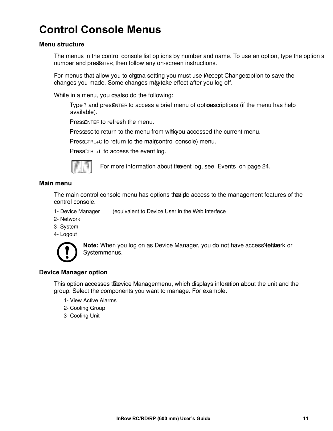 APC ACRP101, ACRP501, ACRP500, ACRP100, ACRD500 manual Control Console Menus, Menu structure, Main menu, Device Manager option 