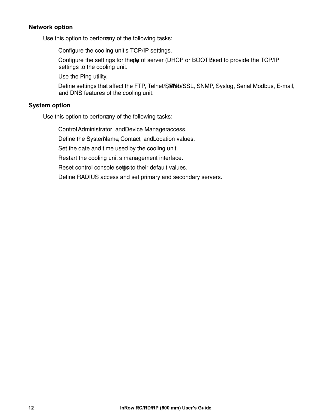 APC ACRD500, ACRP501, ACRP500, ACRP100 manual Network option, System option, Control Administrator and Device Manager access 