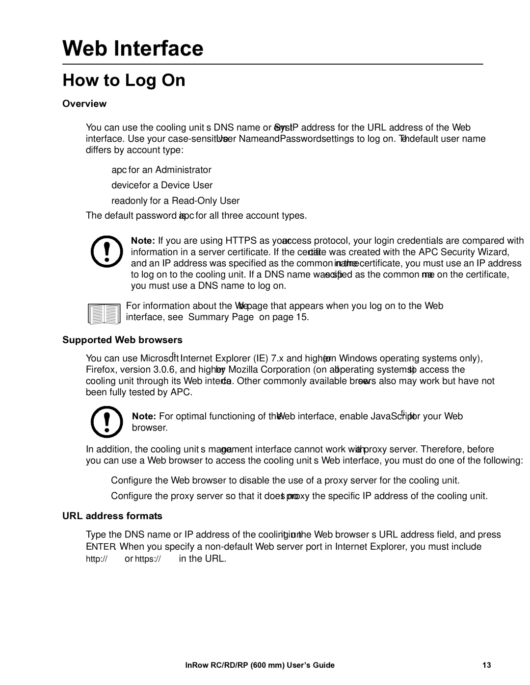 APC ACRD501, ACRP501, ACRP500, ACRP100, ACRP101, ACRD500, ACRC501 Web Interface, Supported Web browsers, URL address formats 