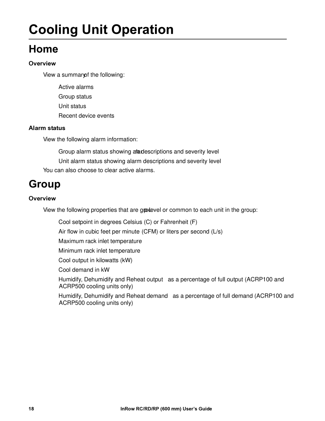 APC ACRP100, ACRP501, ACRP500, ACRP101, ACRD500, ACRD501, ACRC501, ACRC500 Cooling Unit Operation, Home, Group, Alarm status 