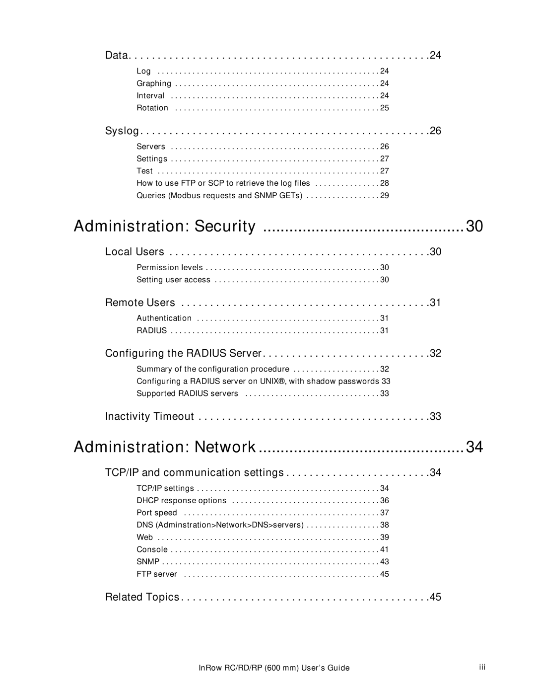 APC ACRD501, ACRP501, ACRP500, ACRP100, ACRP101, ACRD500, ACRC501, ACRC500 manual Administration Security 