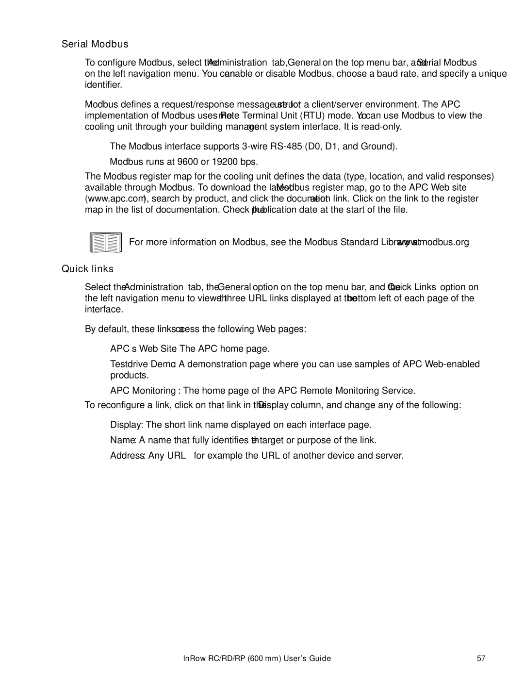 APC ACRP500, ACRP501, ACRP100, ACRP101, ACRD500, ACRD501, ACRC501, ACRC500 manual Serial Modbus, Quick links 