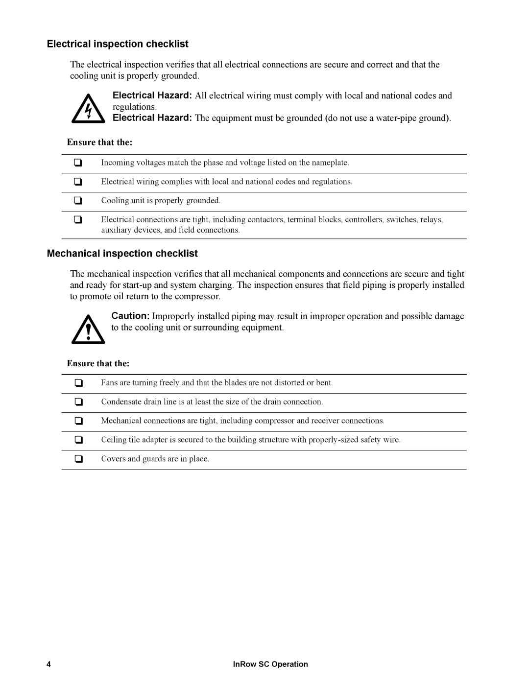 APC ACSC100, ACSC101 manual Electrical inspection checklist, Mechanical inspection checklist 