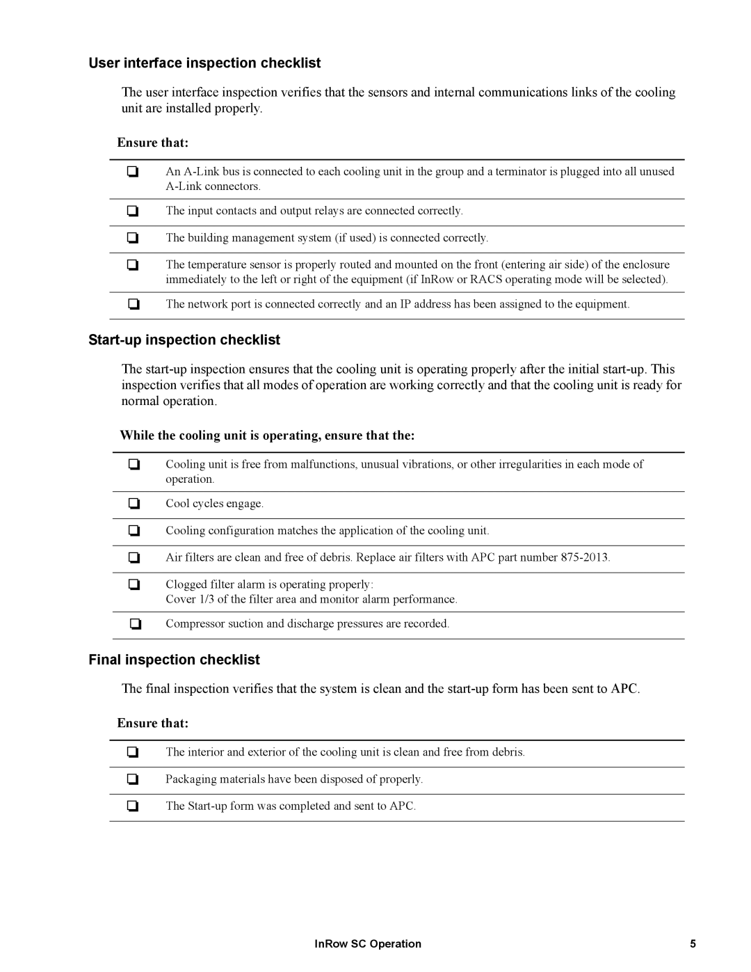 APC ACSC101, ACSC100 manual User interface inspection checklist, Start-up inspection checklist, Final inspection checklist 