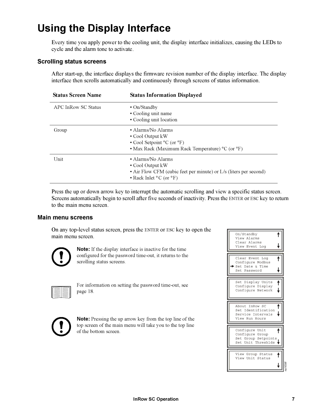 APC ACSC101 manual Using the Display Interface, Scrolling status screens, Status Screen Name Status Information Displayed 