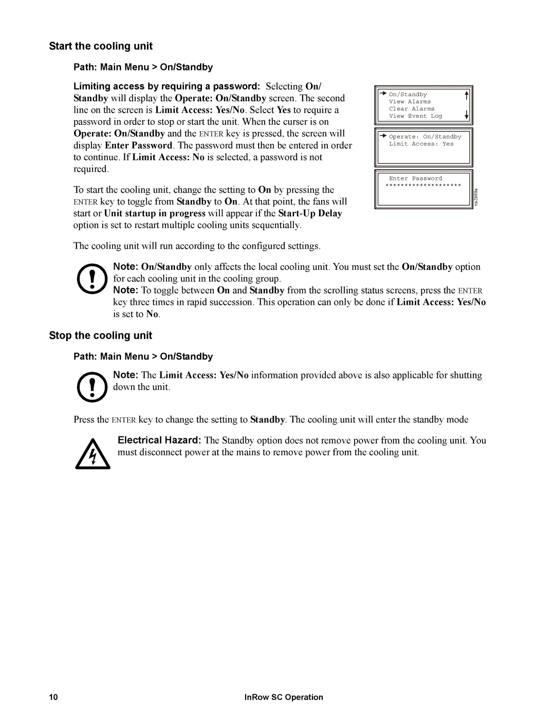 APC ACSC100, ACSC101 manual Start the cooling unit, Stop the cooling unit 