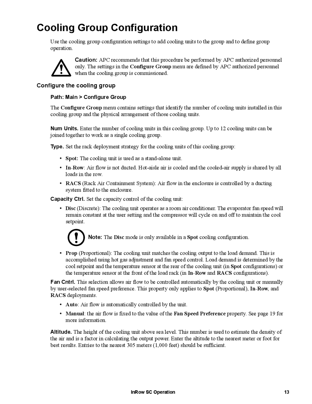 APC ACSC101, ACSC100 manual Cooling Group Configuration, Configure the cooling group 