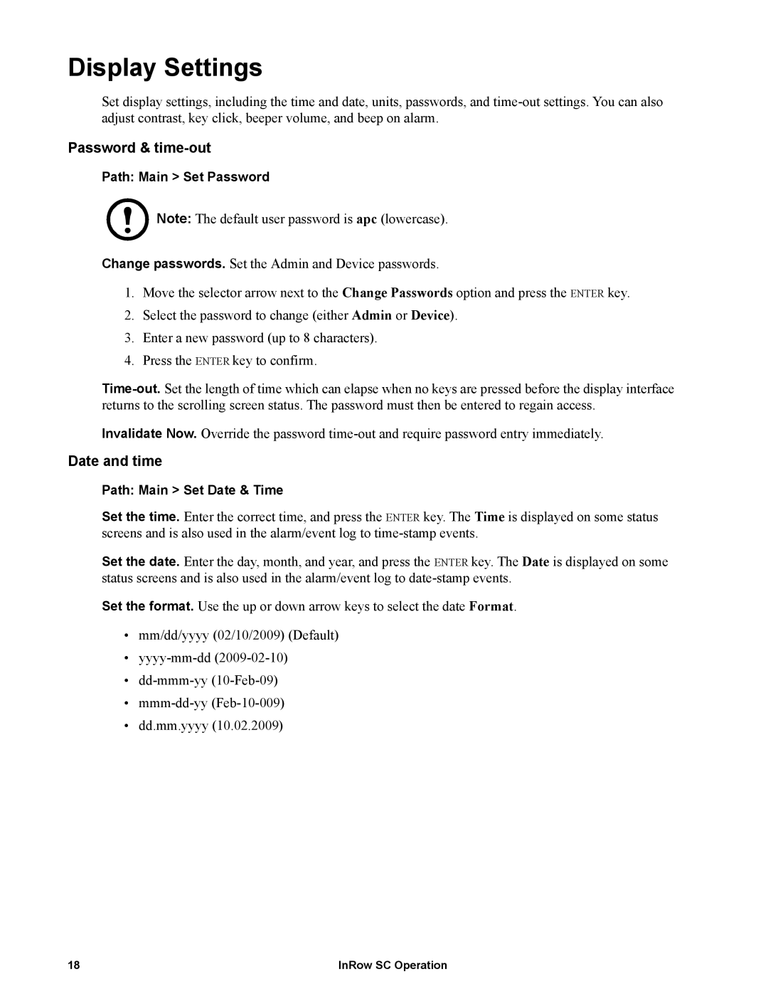 APC ACSC100, ACSC101 manual Display Settings, Password & time-out, Date and time 