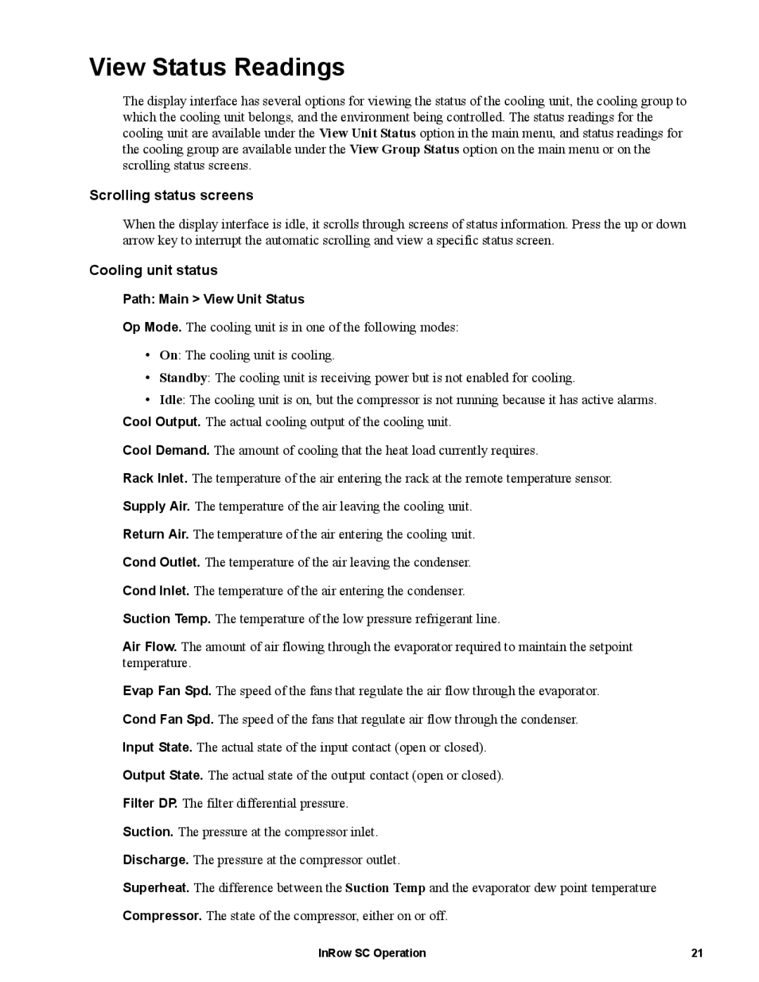 APC ACSC101, ACSC100 manual View Status Readings, Cooling unit status 