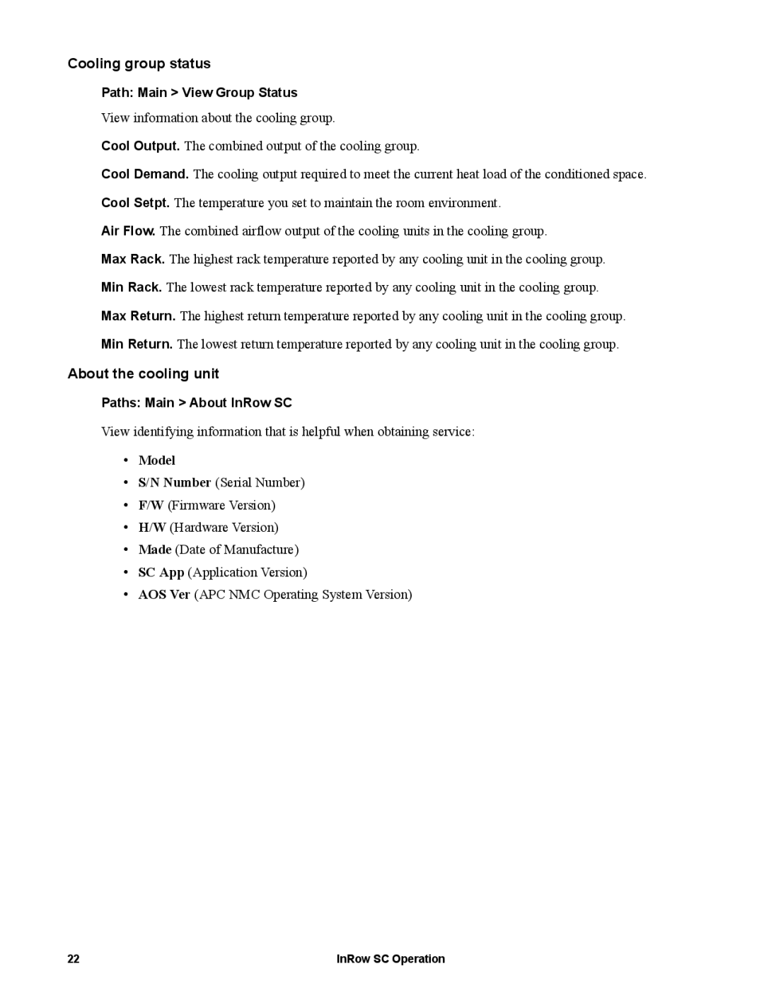 APC ACSC100, ACSC101 manual Cooling group status, About the cooling unit, Model 