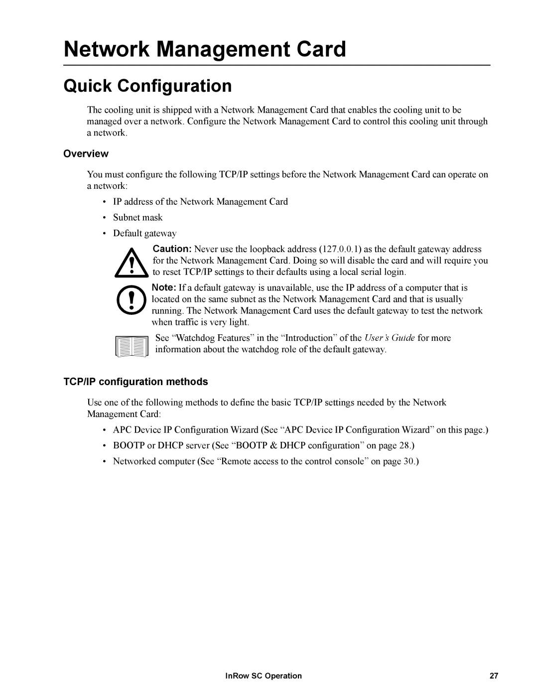 APC ACSC101, ACSC100 manual Network Management Card, Quick Configuration, Overview, TCP/IP configuration methods 