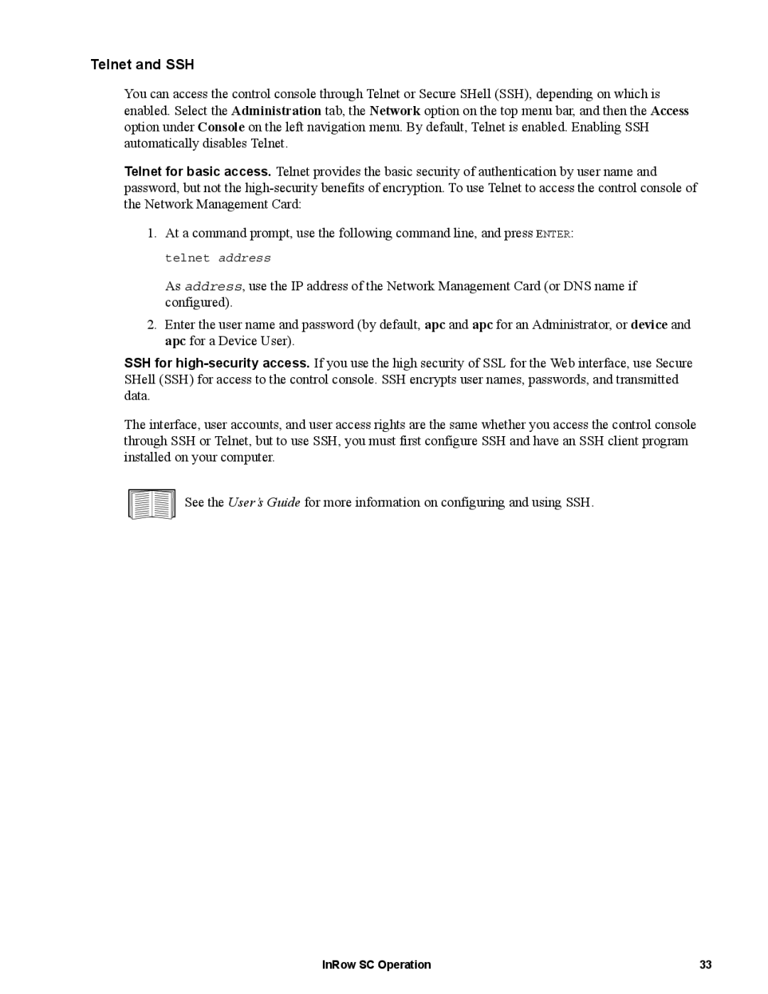 APC ACSC101, ACSC100 manual Telnet and SSH 