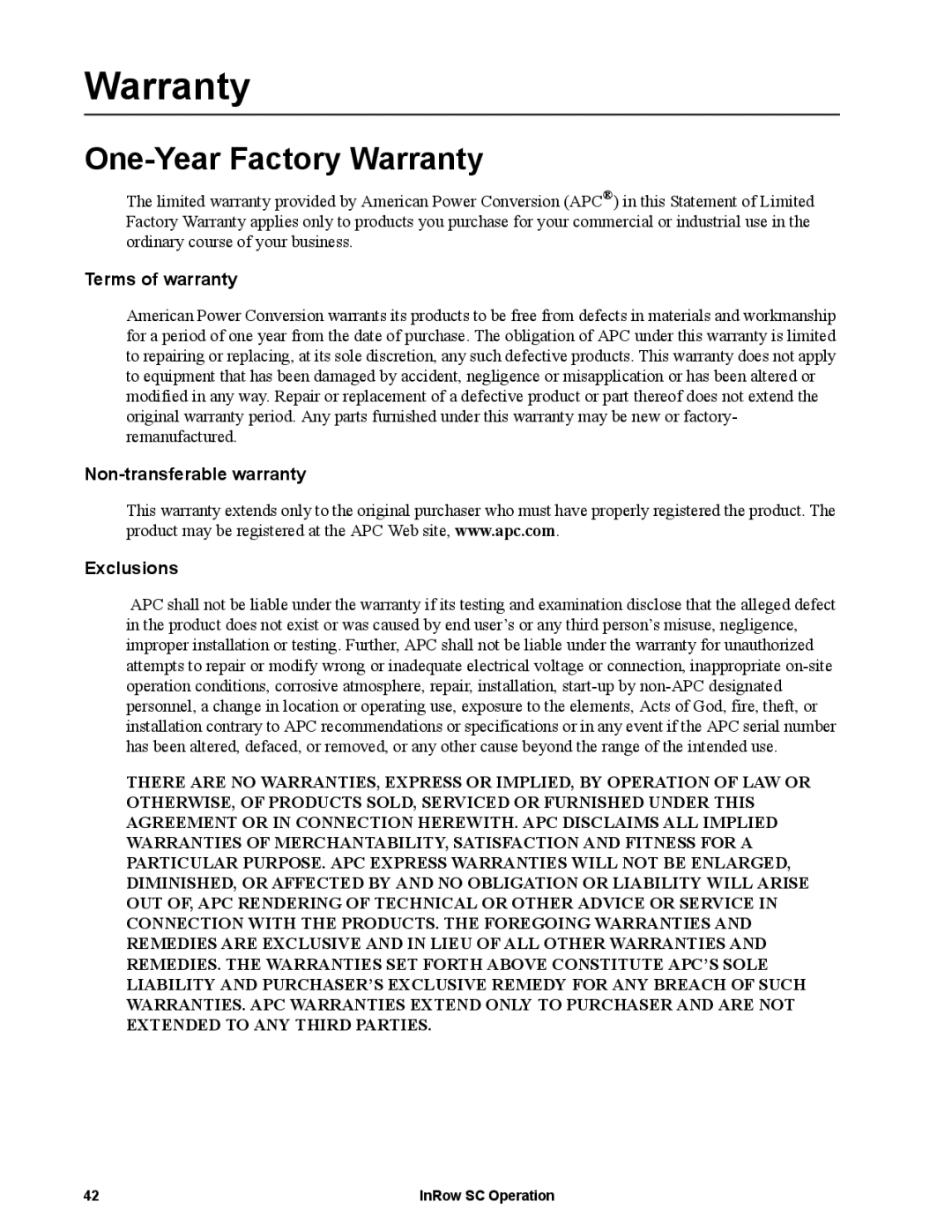 APC ACSC100, ACSC101 manual One-Year Factory Warranty, Terms of warranty, Non-transferable warranty Exclusions 