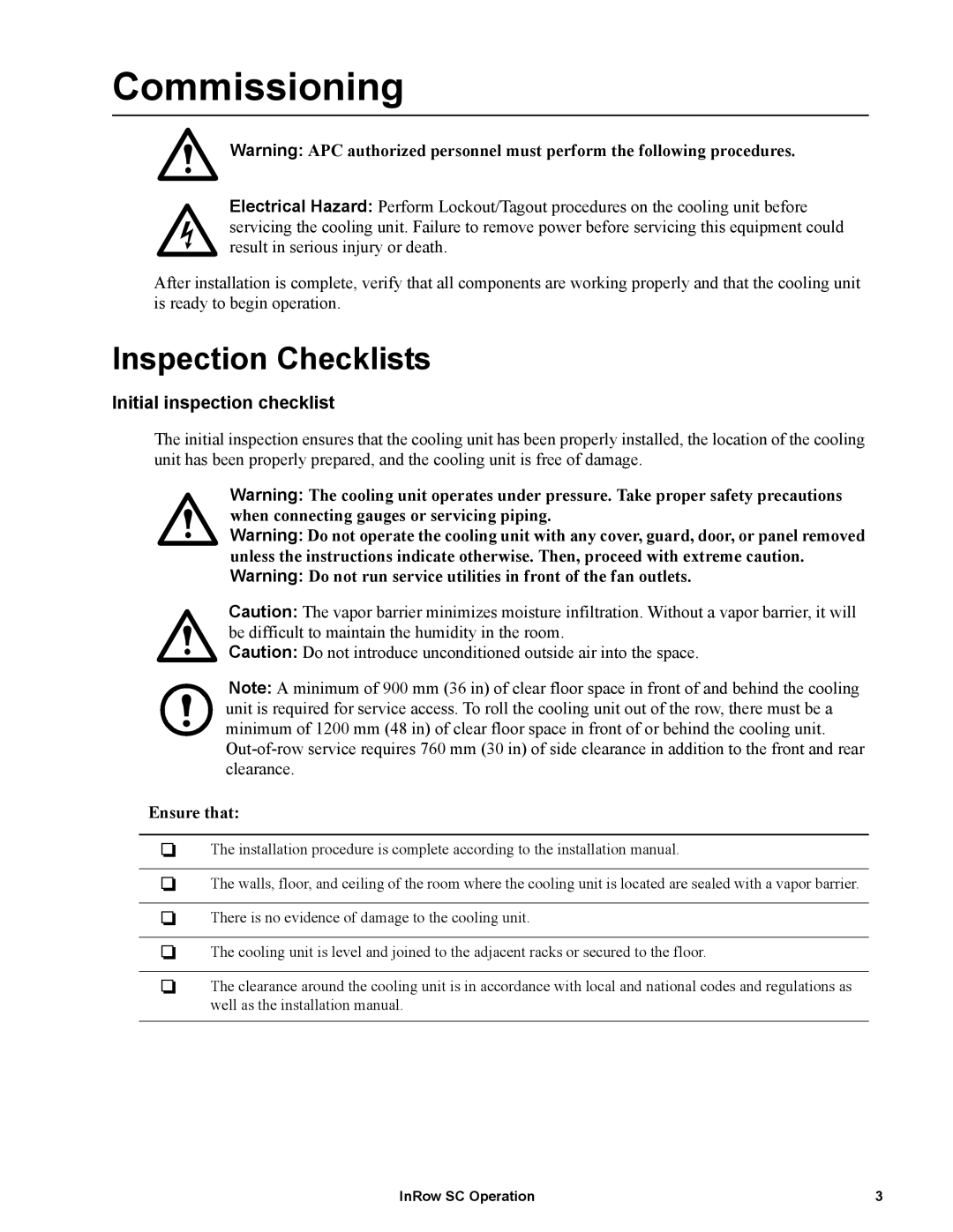 APC ACSC101, ACSC100 manual Commissioning, Inspection Checklists, Initial inspection checklist, Ensure that 