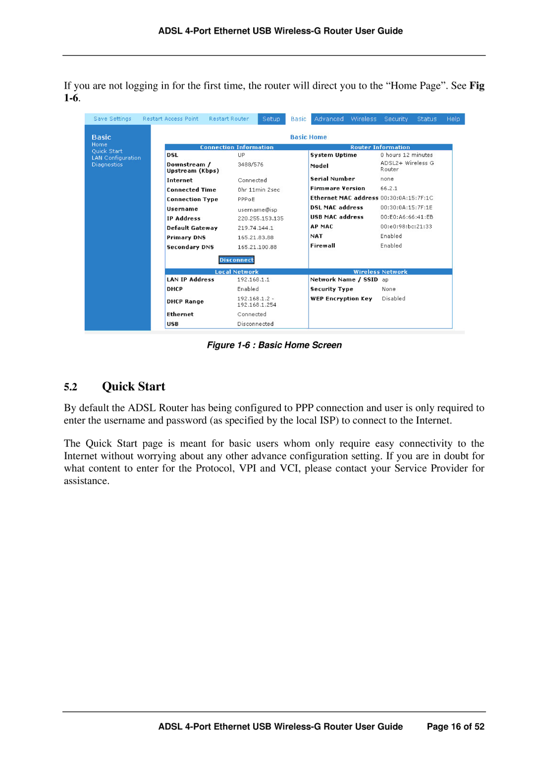 APC ADSL 4-Port manual Quick Start, Basic Home Screen 