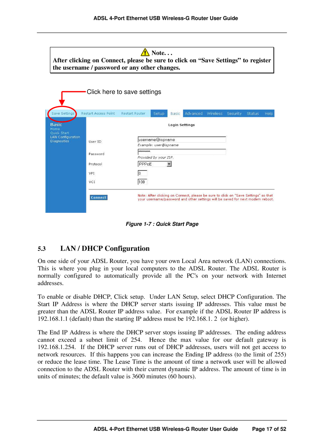 APC ADSL 4-Port manual LAN / Dhcp Configuration, Quick Start 