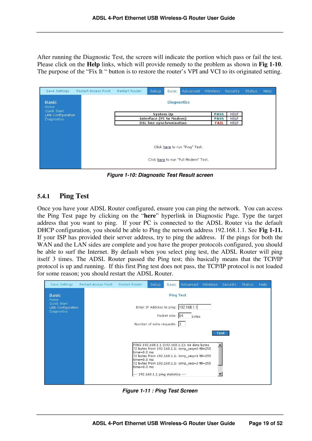 APC ADSL 4-Port manual Ping Test, Diagnostic Test Result screen 