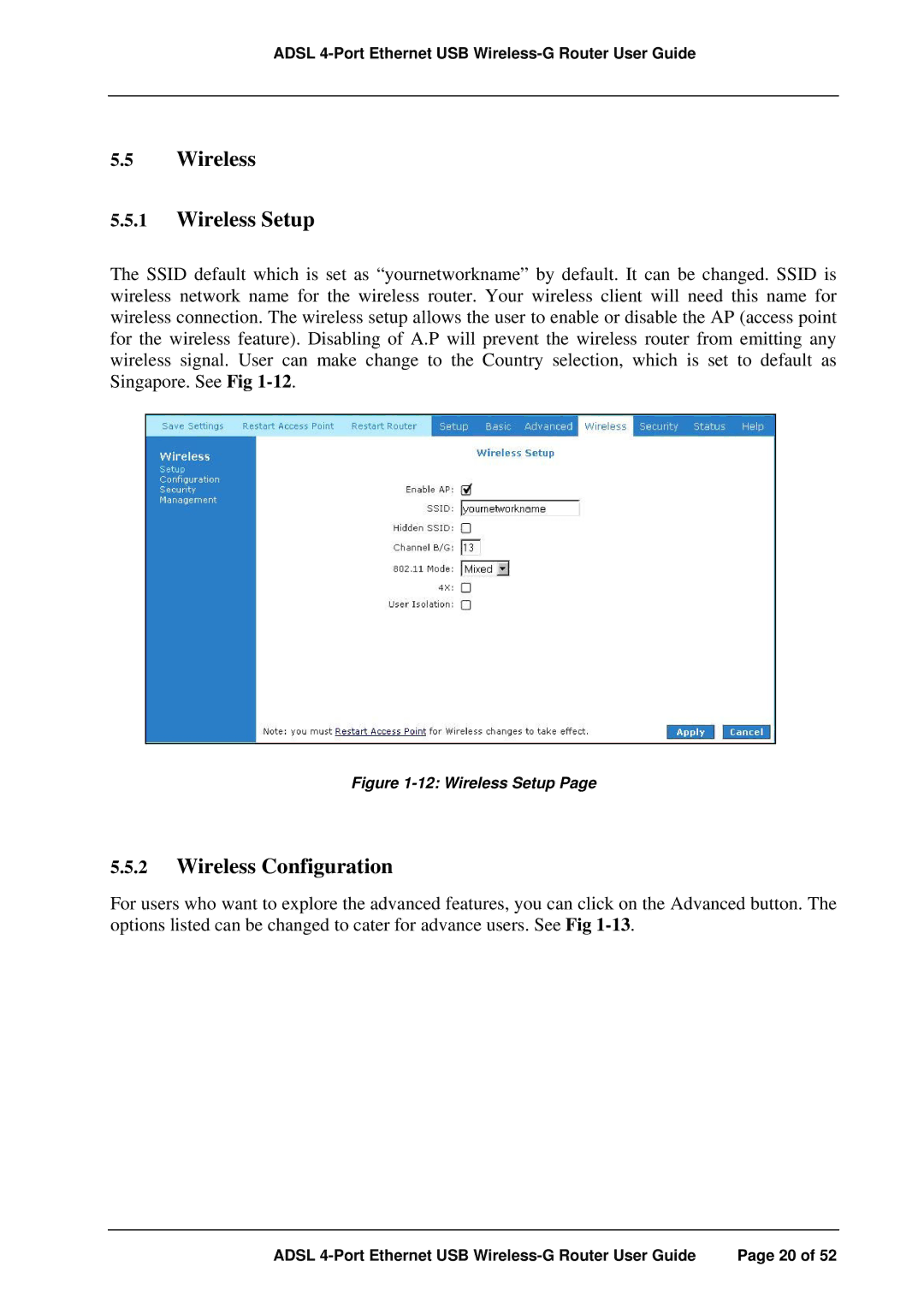 APC ADSL 4-Port manual Wireless Wireless Setup, Wireless Configuration 