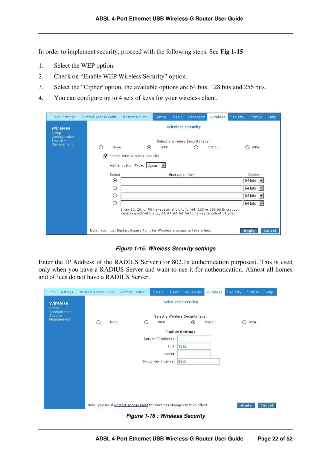 APC ADSL 4-Port manual Wireless Security settings 