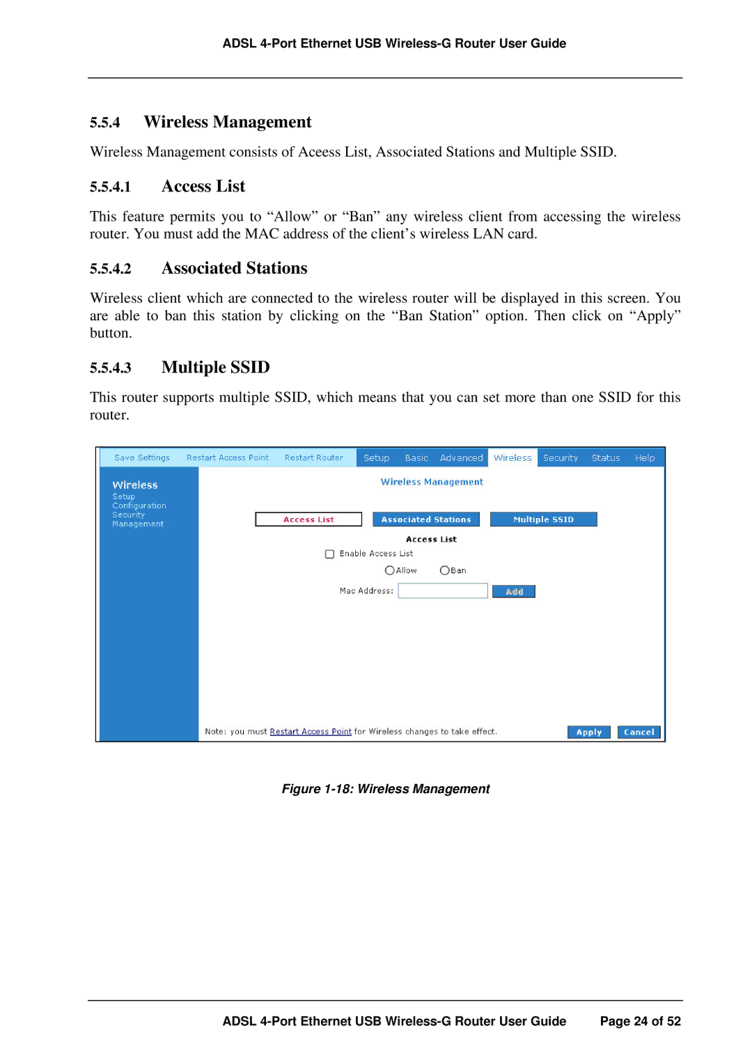 APC ADSL 4-Port manual Wireless Management, Access List, Associated Stations, Multiple Ssid 