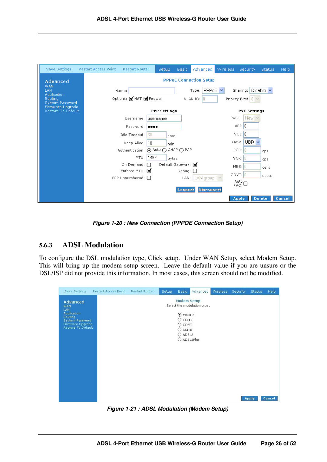 APC ADSL 4-Port manual Adsl Modulation, New Connection Pppoe Connection Setup 