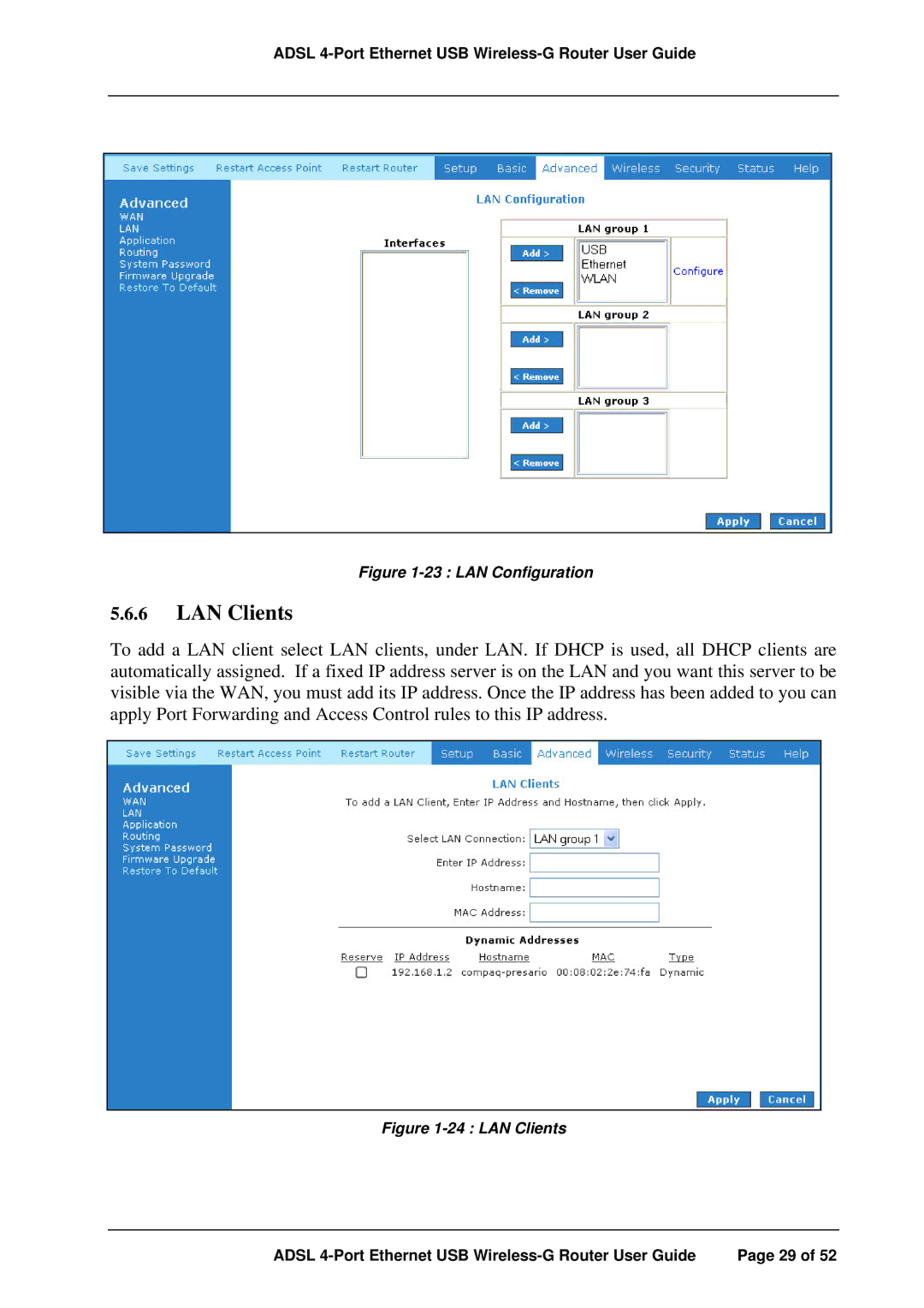 APC ADSL 4-Port manual LAN Clients, LAN Configuration 