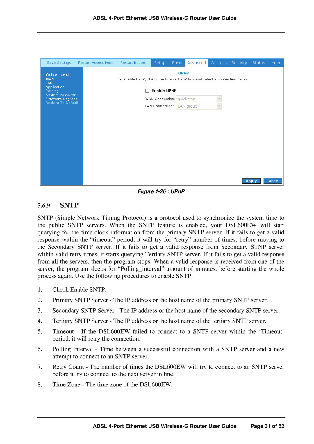 APC ADSL 4-Port manual Sntp, UPnP 