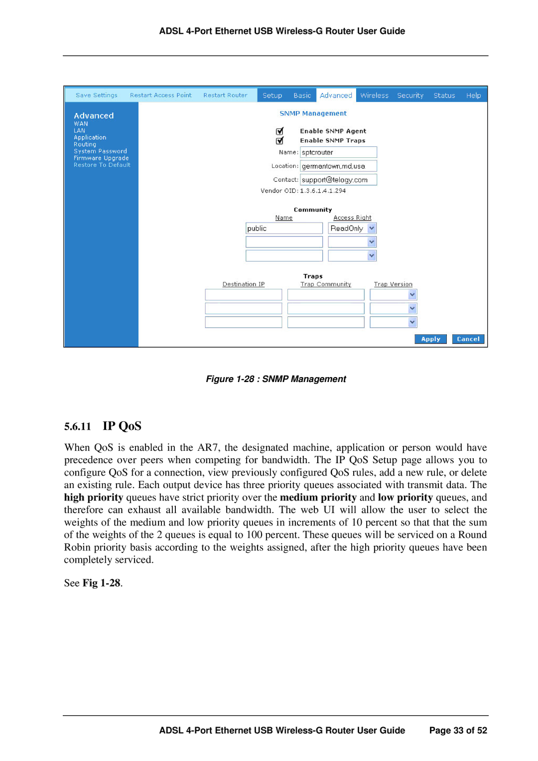 APC ADSL 4-Port manual IP QoS, Snmp Management 