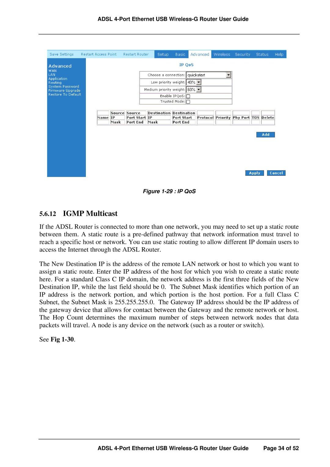 APC ADSL 4-Port manual Igmp Multicast, IP QoS 