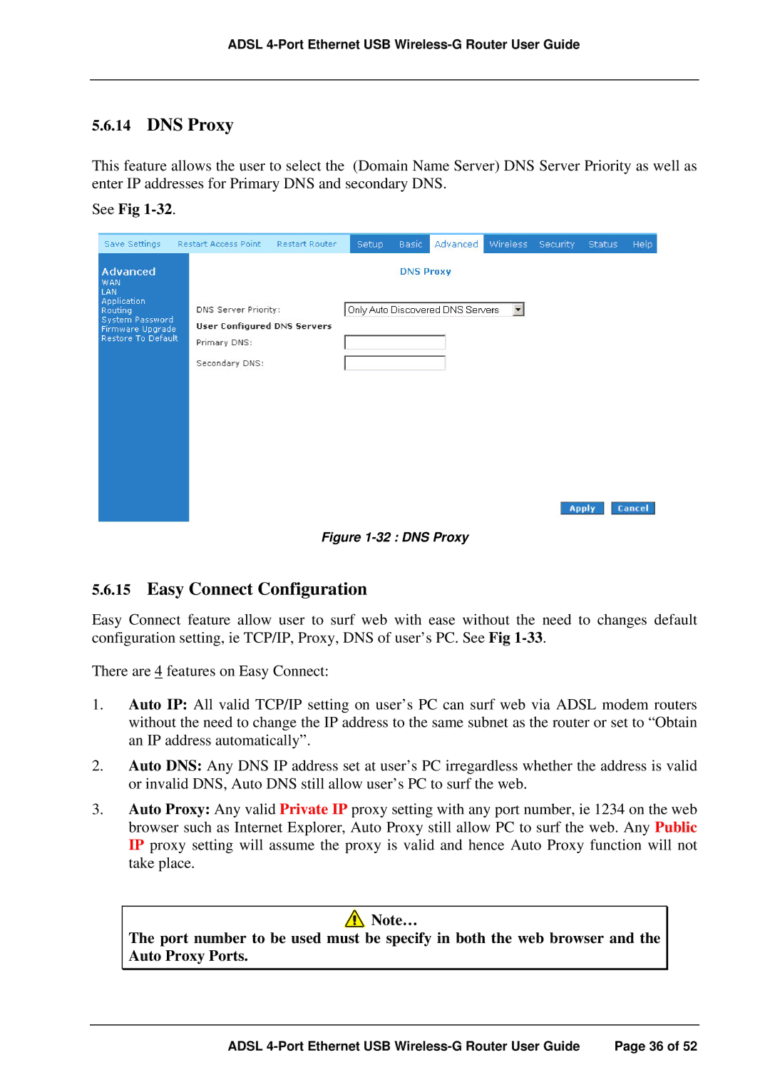 APC ADSL 4-Port manual DNS Proxy, Easy Connect Configuration 