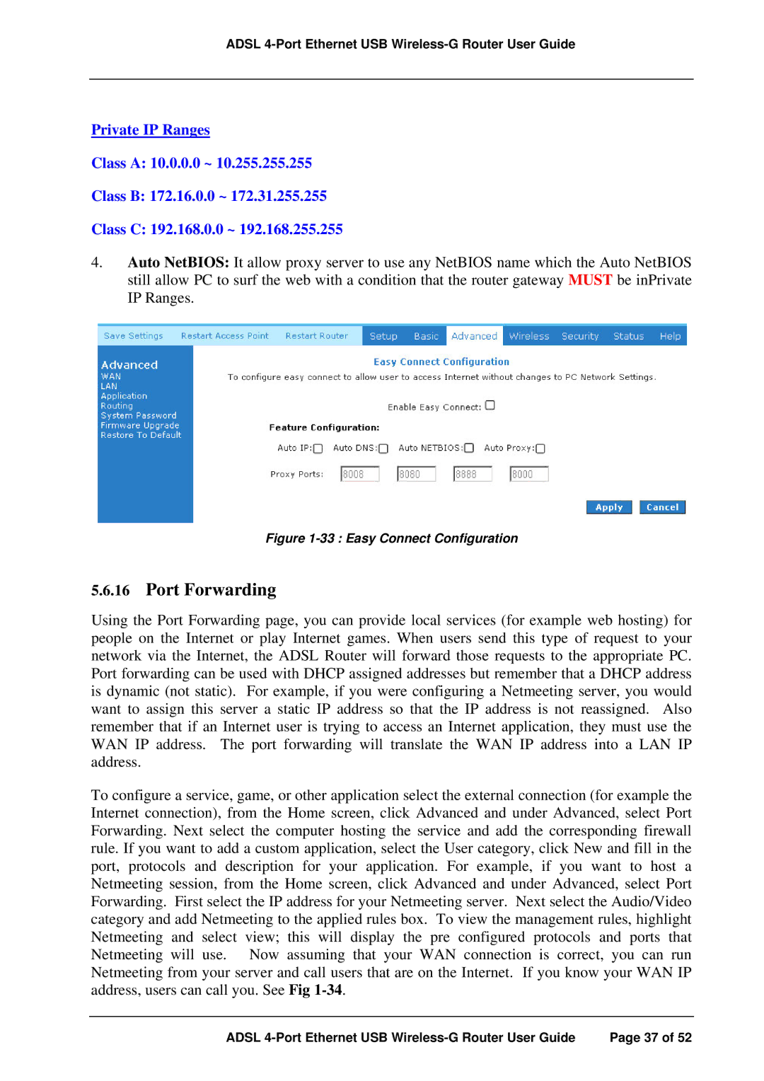 APC ADSL 4-Port manual Port Forwarding, Easy Connect Configuration 