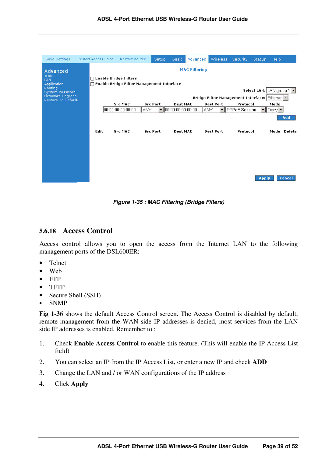 APC ADSL 4-Port manual Access Control, Snmp 