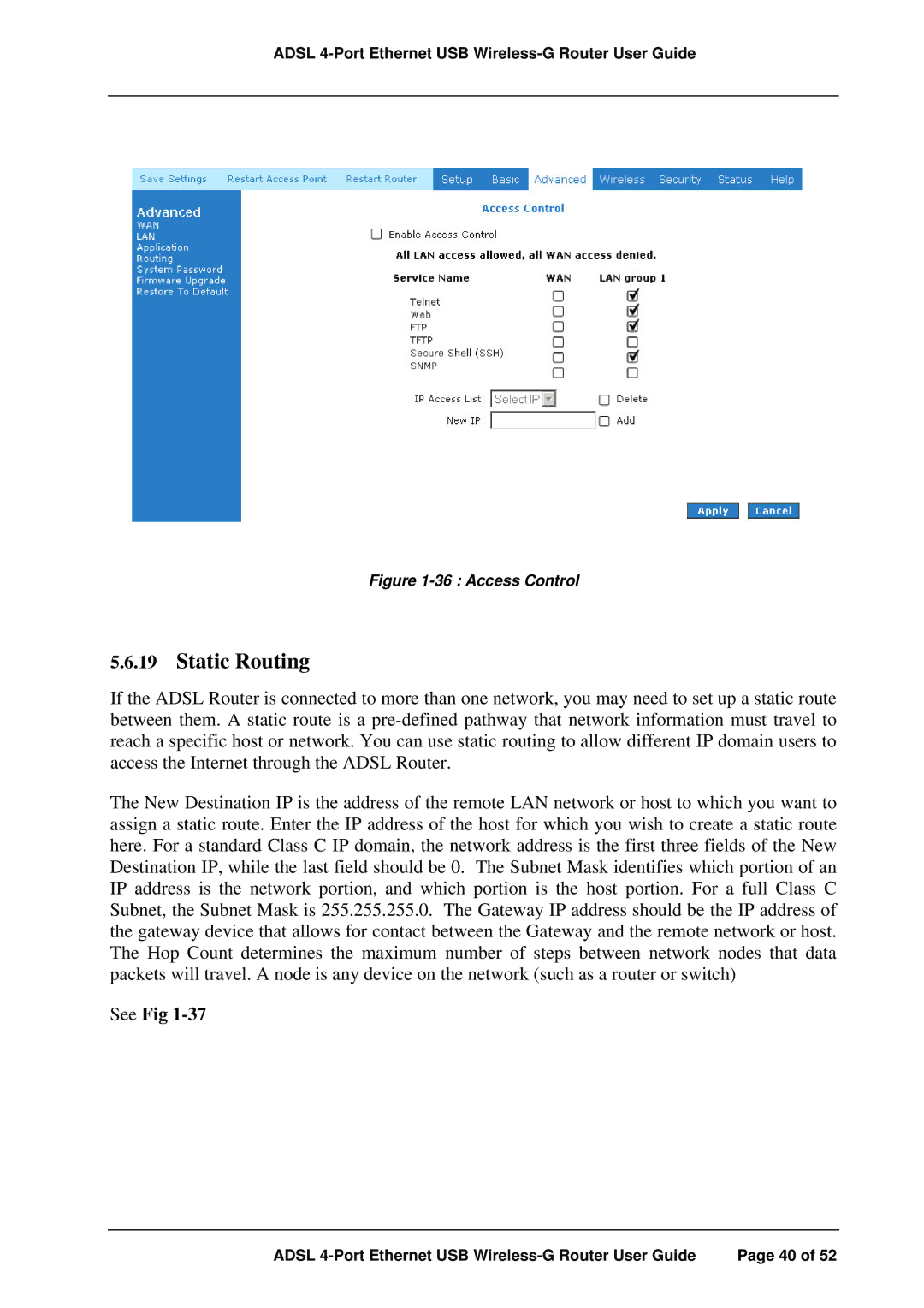 APC ADSL 4-Port manual Static Routing, Access Control 