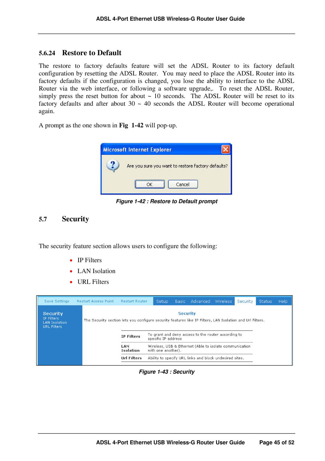 APC ADSL 4-Port manual Restore to Default, Security 