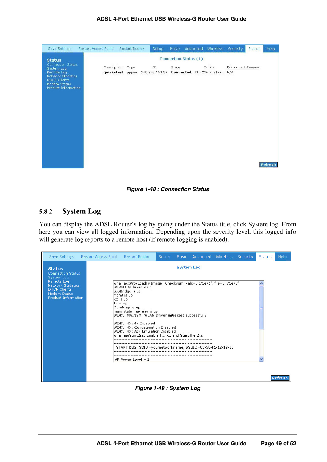 APC ADSL 4-Port manual System Log, Connection Status 