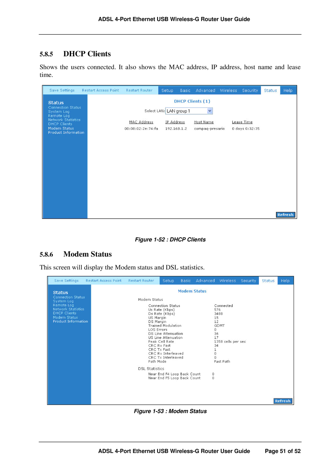 APC ADSL 4-Port manual Dhcp Clients, Modem Status 