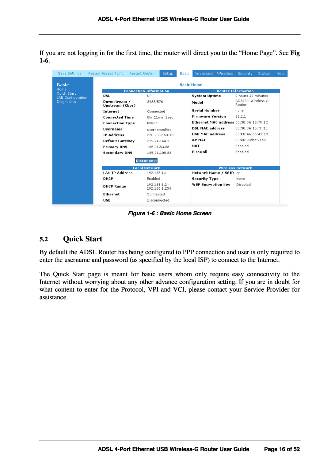 APC ADSL 4-Port manual Quick Start, 6 Basic Home Screen 