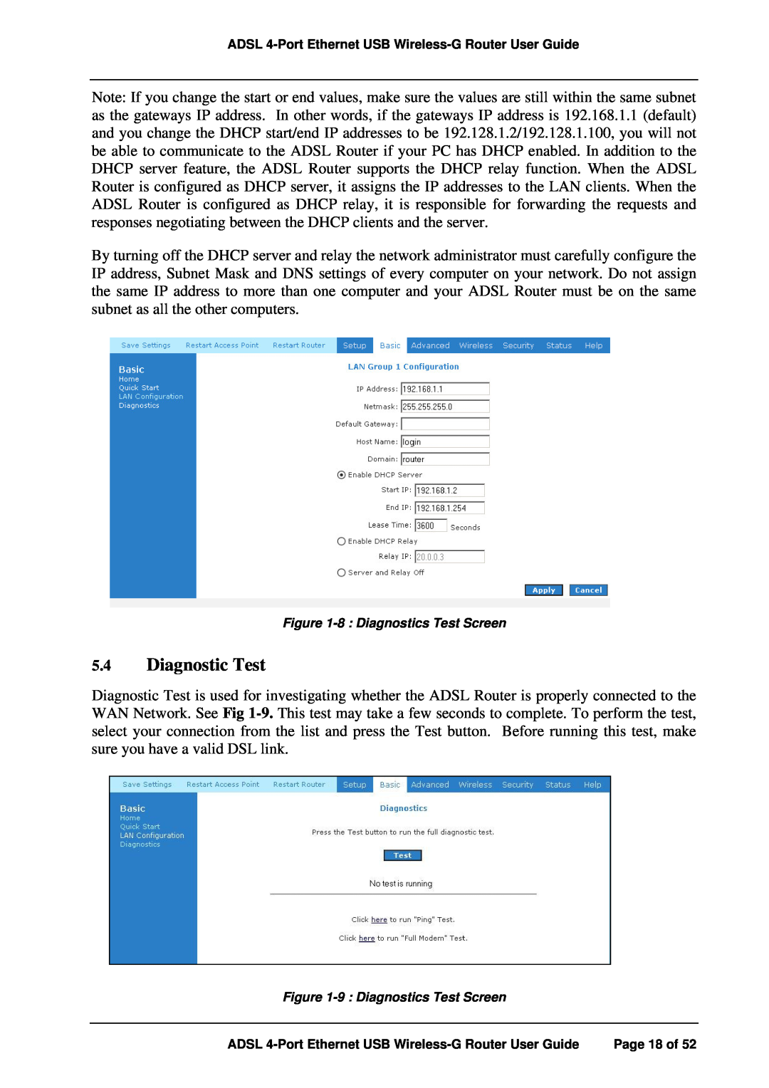 APC ADSL 4-Port manual Diagnostic Test, 8 Diagnostics Test Screen, 9 Diagnostics Test Screen 