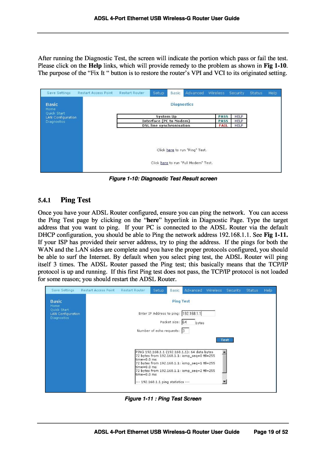 APC ADSL 4-Port manual 10 Diagnostic Test Result screen, 11 Ping Test Screen 