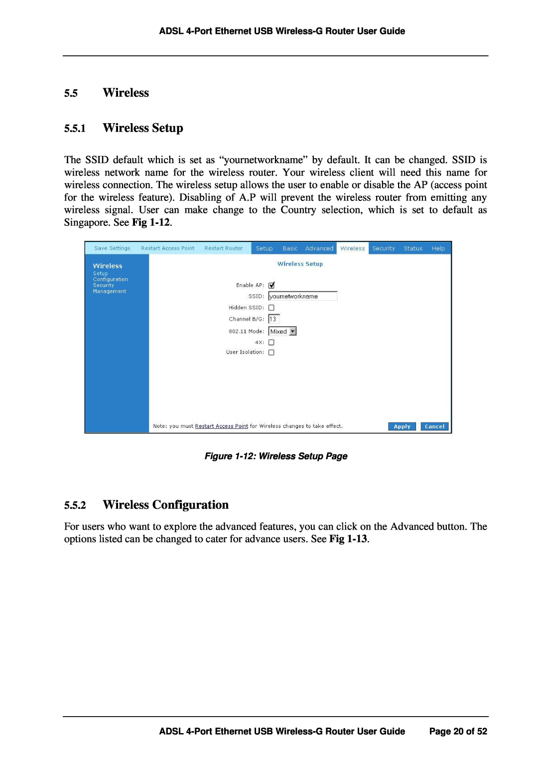 APC ADSL 4-Port manual Wireless 5.5.1 Wireless Setup, Wireless Configuration, 12 Wireless Setup Page 
