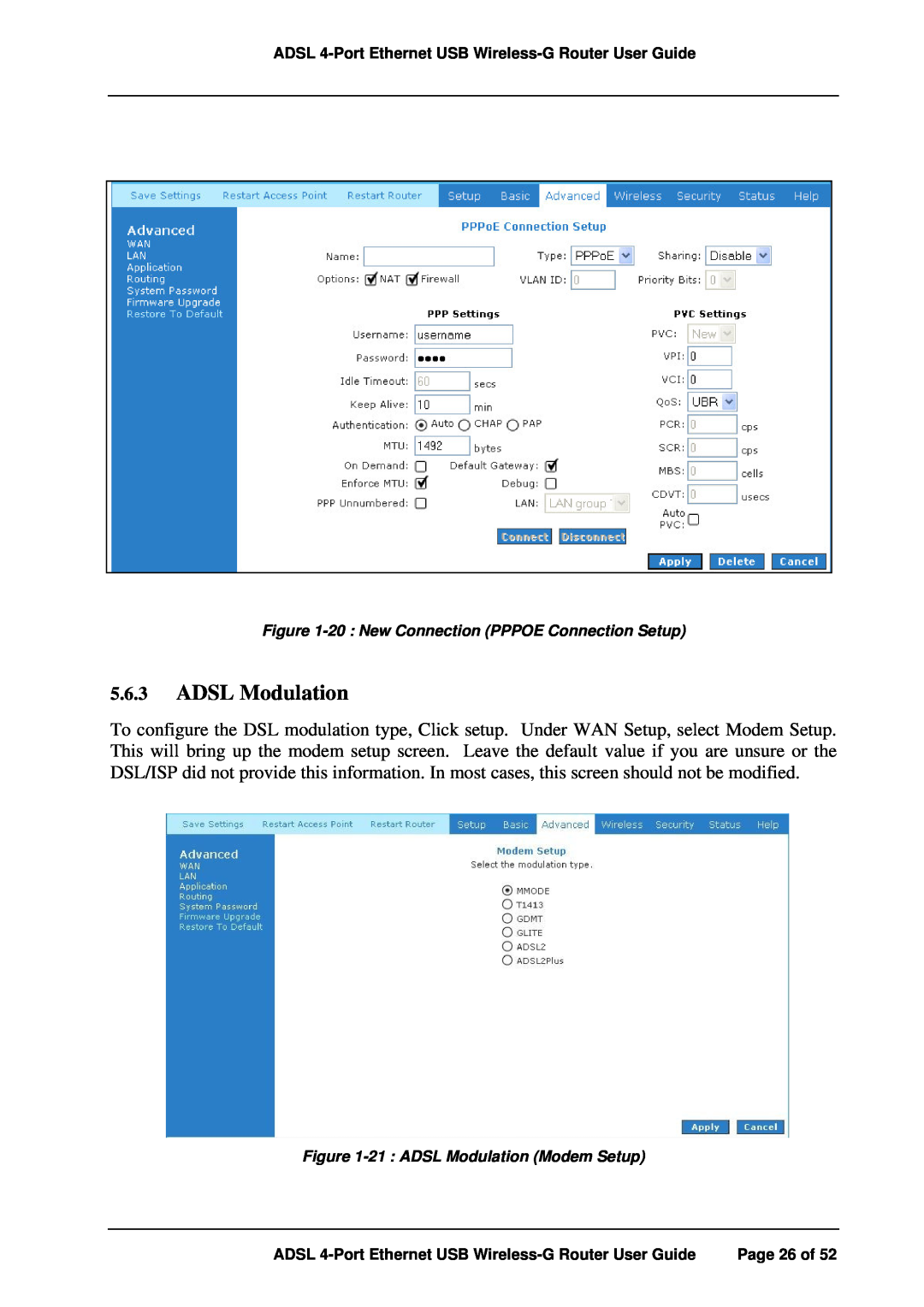 APC ADSL 4-Port manual 20 New Connection PPPOE Connection Setup, 21 ADSL Modulation Modem Setup 