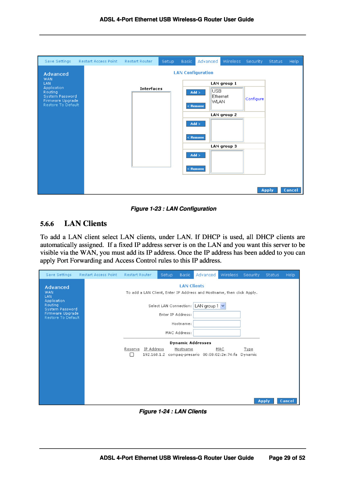 APC ADSL 4-Port manual 23 LAN Configuration, 24 LAN Clients 