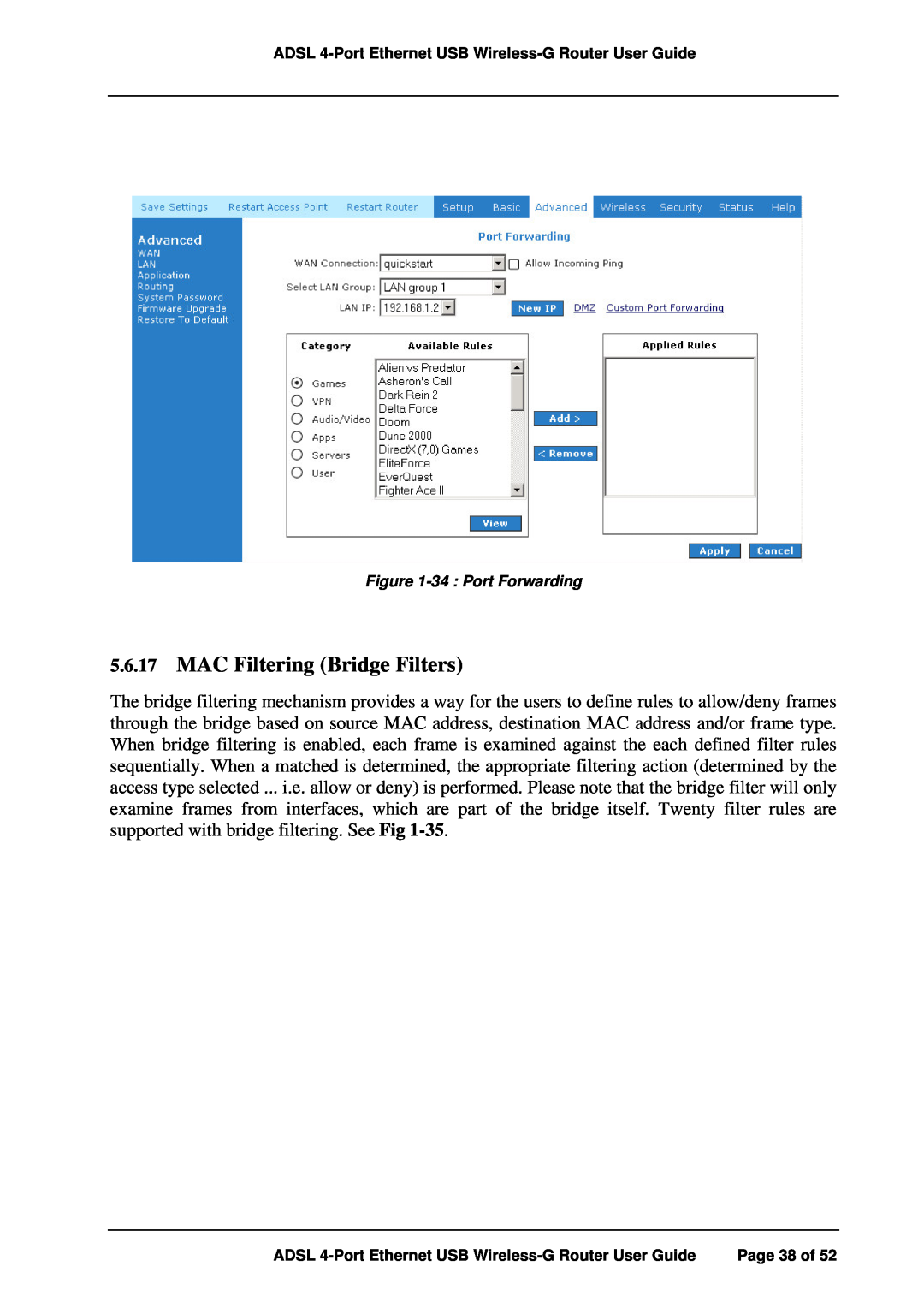 APC ADSL 4-Port manual MAC Filtering Bridge Filters, 34 Port Forwarding 