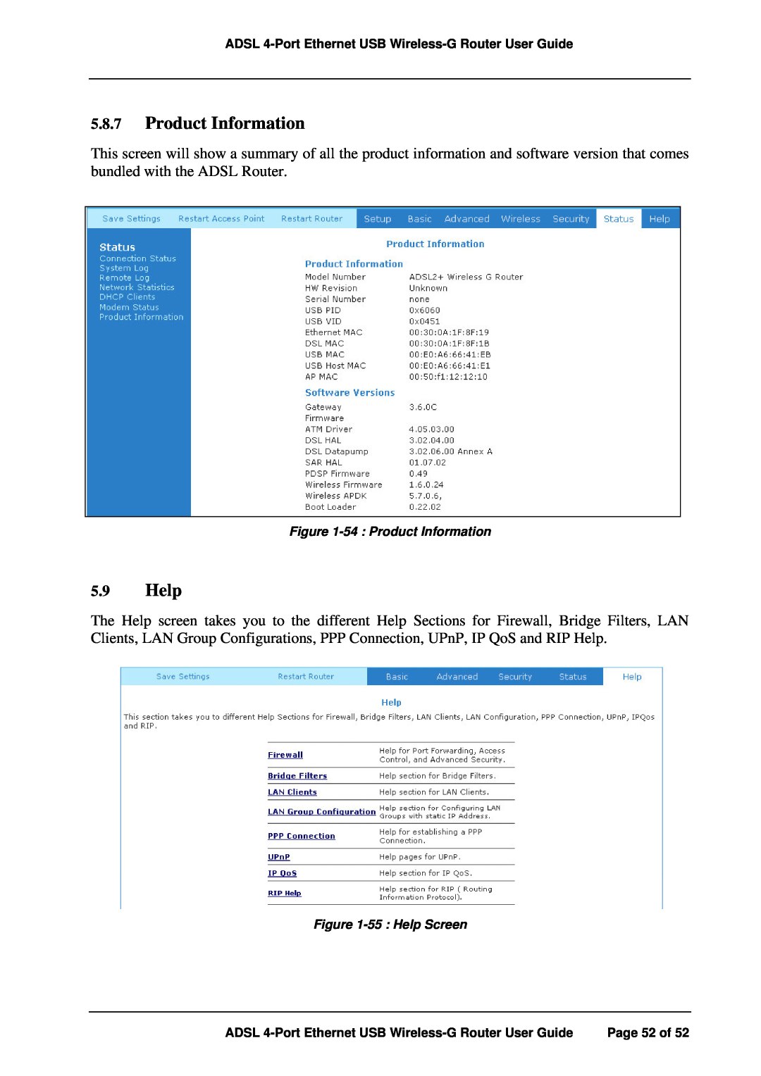 APC ADSL 4-Port manual 54 Product Information, 55 Help Screen 