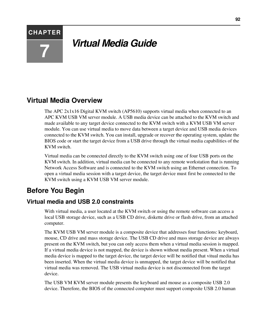 APC AP5615, AP5616, AP5610 manual Virtual Media Overview, Before You Begin, Virtual media and USB 2.0 constraints 